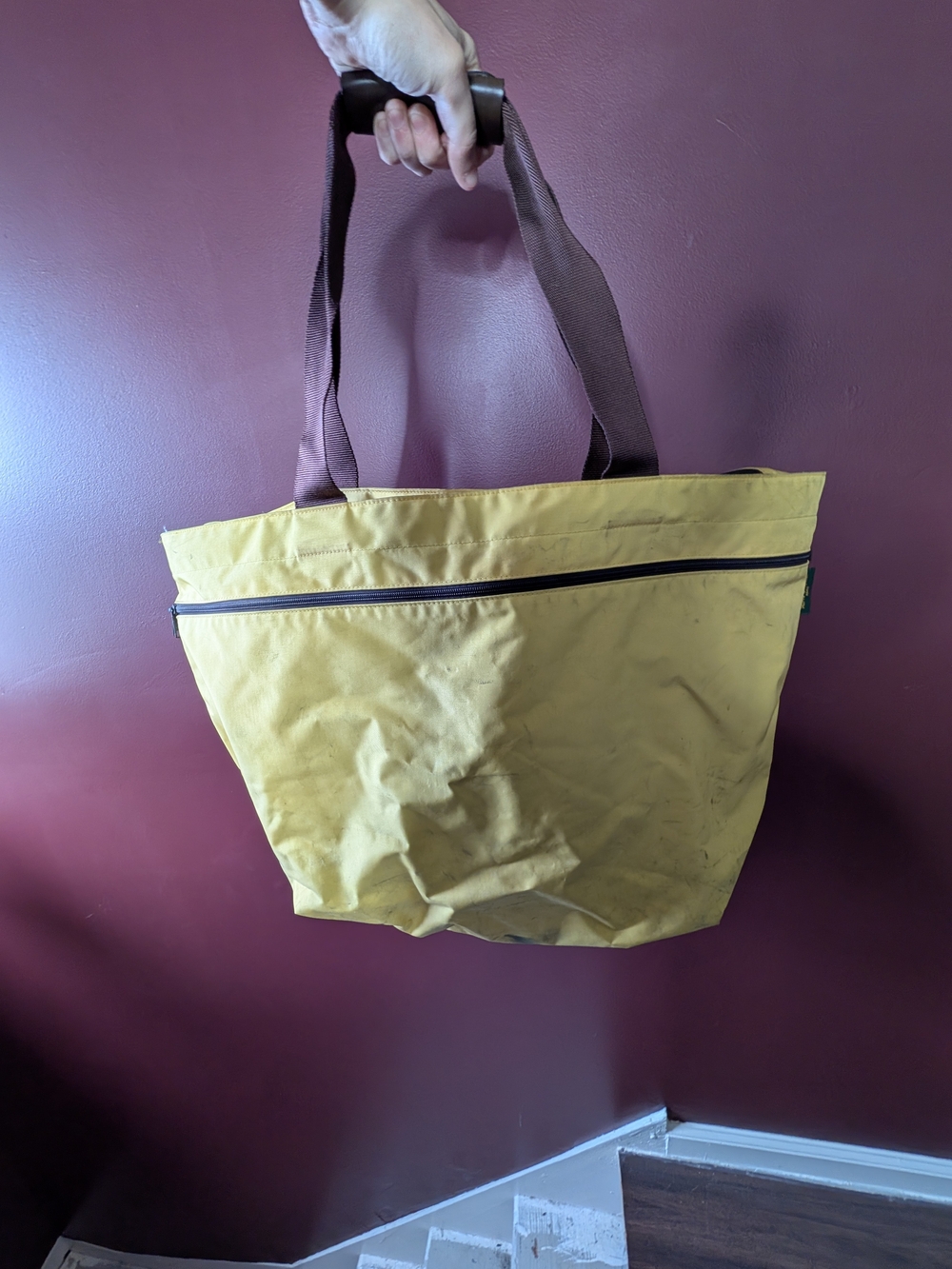 HERVE CHAPELIER Yellow XL Tote with Brown Shoulder Straps Logo Made In France